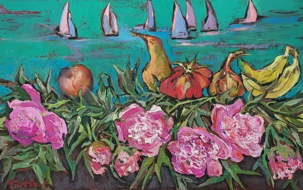 Peonies and the Sea, oil on canvas